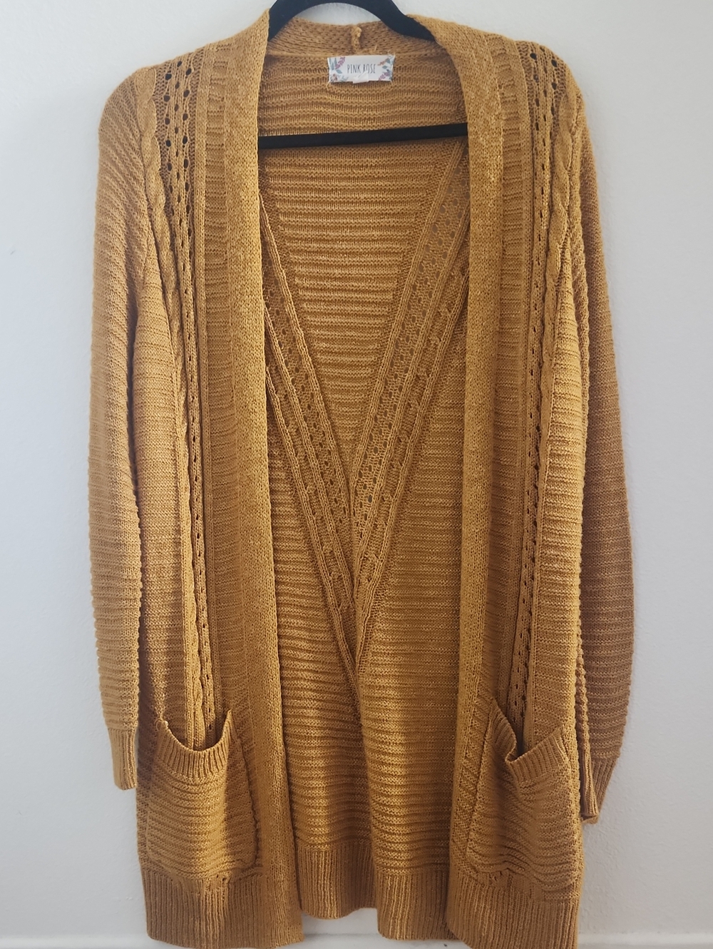 Pink Rose Open-Front Mustard Cable Trim Cardigan